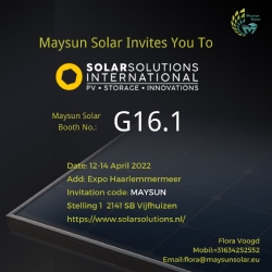 Maysun Solar, fabrikant van zonnepanelen, heet u welkom op stand G16.1.