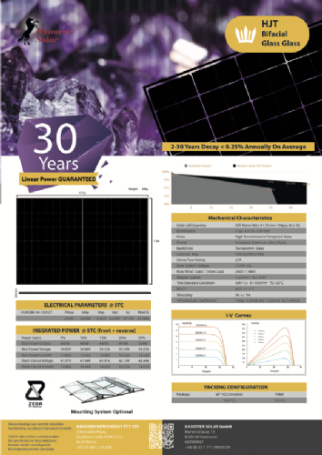 Hanover Solar Mono 450wp glass-glass, HJT - Mono 400wp glass-glass HJT